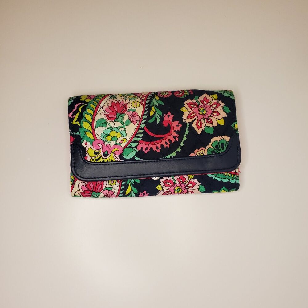 Vera Bradley Petal Paisley Navy Pink Green Paisley Tri Fold Wallet